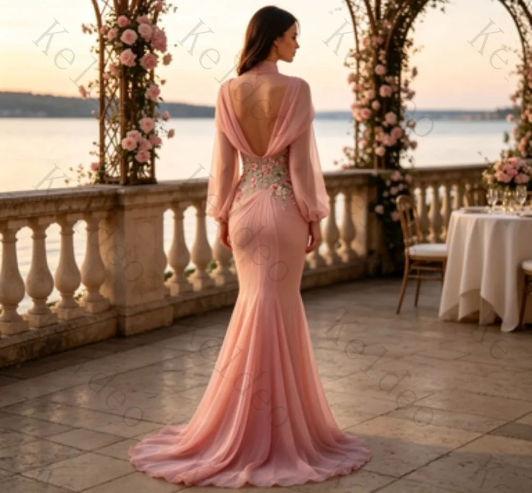 Customized Long Sleeve Mermaid Evening Dresses Draped Shawl Collar Floral Embroidery Bodice Gradient Chiffon Sweep Formal Prom