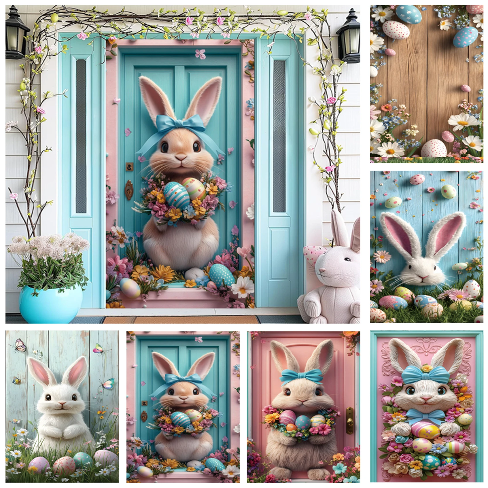 

Happy Easter Door Cover Backdrop Spring Cute Bunny Eggs Flowers Green Grass Outdoor Indoor Home Decoration Door Cover Background