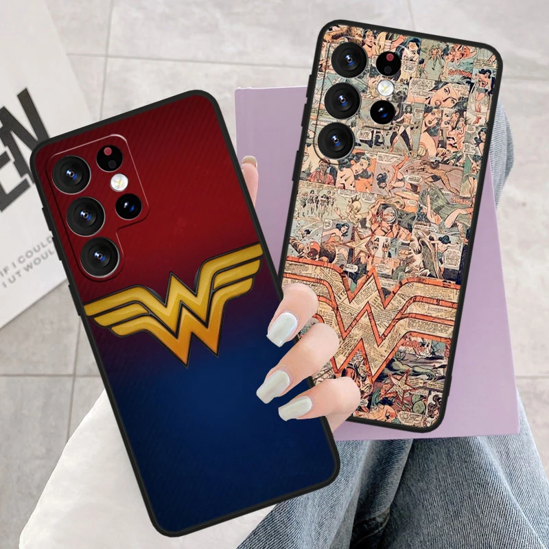 W-wonders Woman Cute For Samsung S24 S23 S22 S21 S20 FE S10e S10 S9 Ultra Plus Plus Soft Silicone Black Phone Case