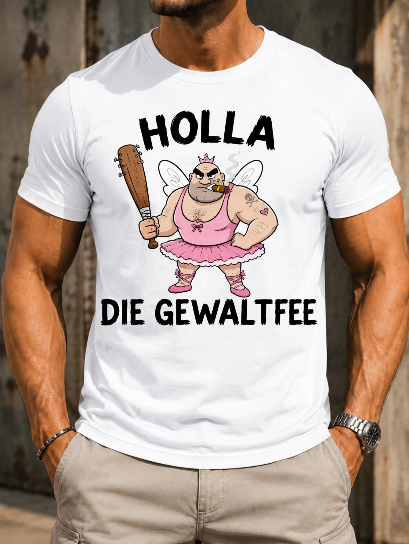 Holla Die Gewaltfee Angry Fairy In Pink Tutu Holding Club Cigar Bold German Comic Text Tough Humor  Unisex All T-Shirt