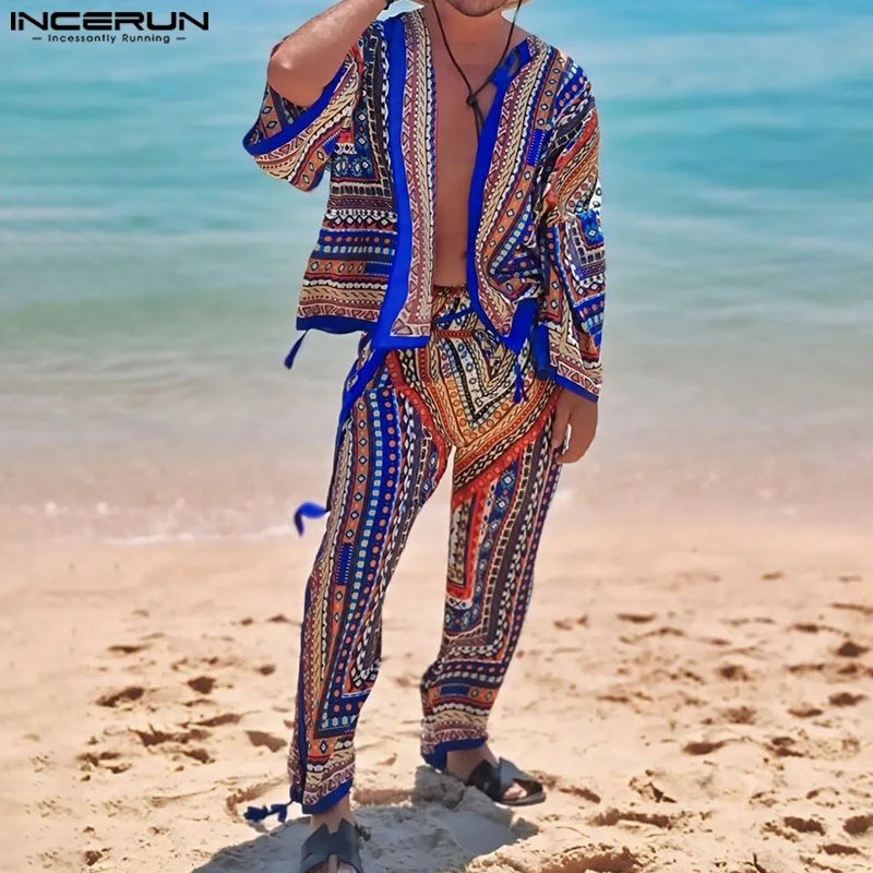 INCERUN Men Sets Ethnic Style Printing 3/4 Sleeve Cardigan Shirt & Pants 2PCS 2024 Steetwear Loose Vacation Men\'s Casual Suits