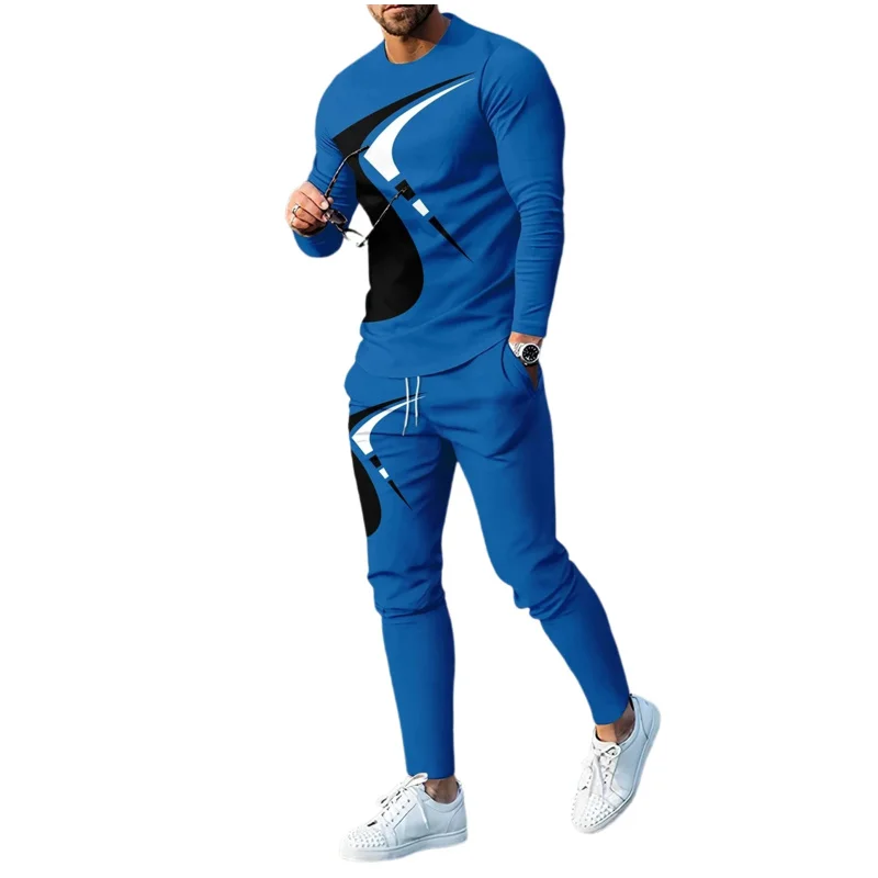 Nuevos trajes deportivos de moda para hombre, conjunto de camiseta de manga larga, pantalones, traje para correr con estampado 3D de 2 piezas, ropa de calle informal para hombre, conjuntos de 2 uds