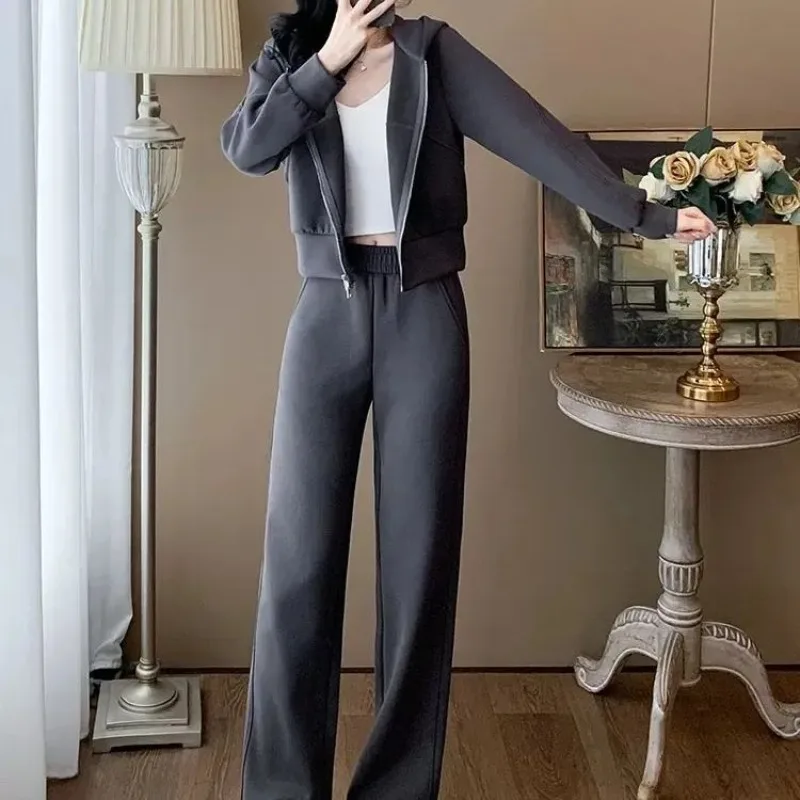 Women's Casual Sports Suit 2025 Spring and Autumn New Fashion Hooded Sweater Zipper Jacket Tops and Wide-leg Pants Two piece Set