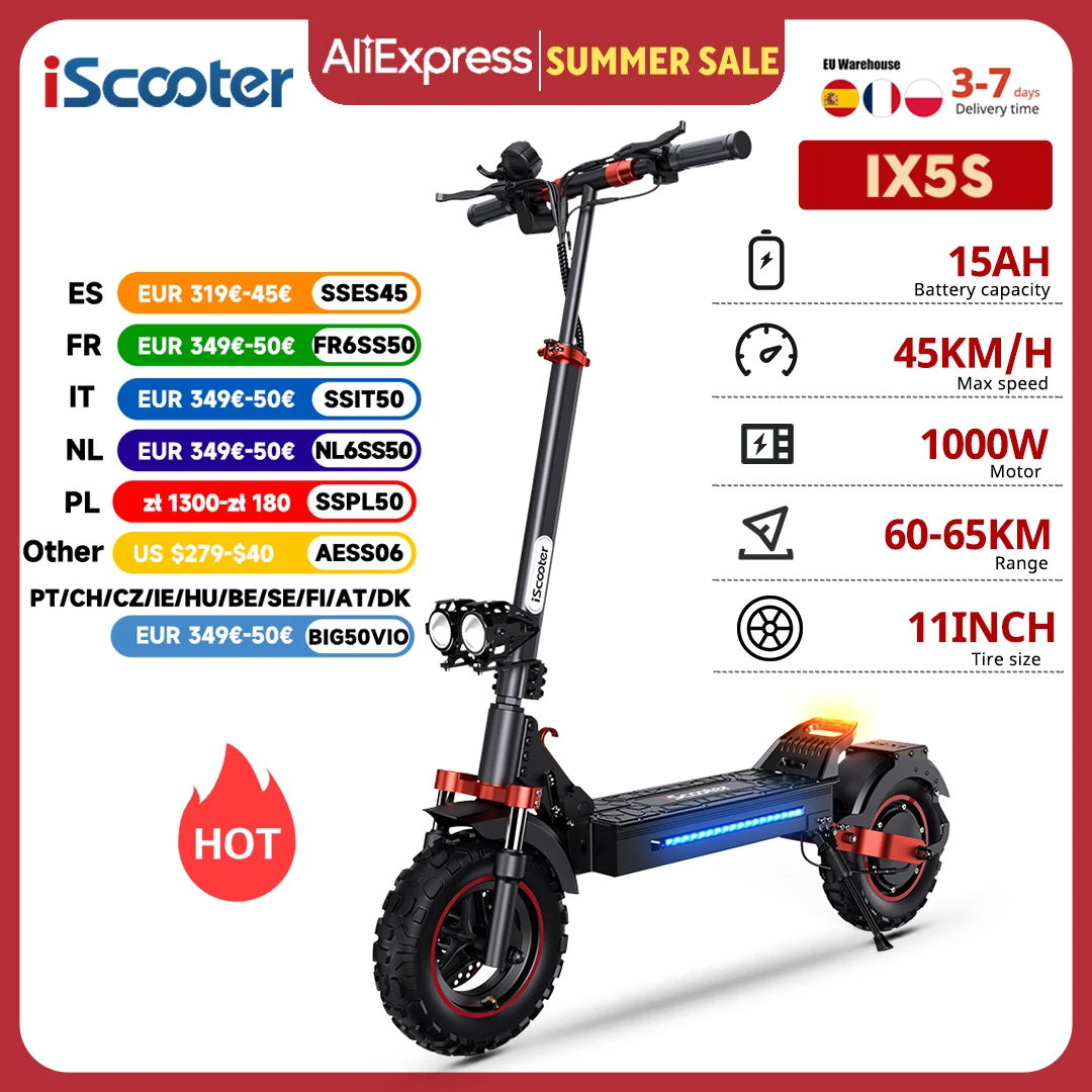 Trottinette électrique iScooter IX5S, 11 pouces, tout-terrain, 48V15Ah, 1000W, propulsion arrière, vitesse maximale 45 km/h, autonomie 65 km, pliable.