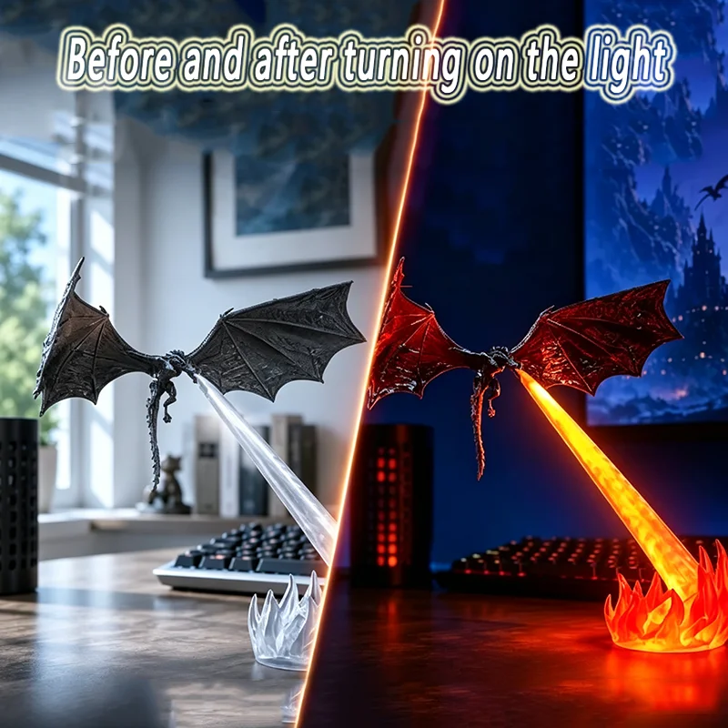 Custom Print Fire‑Breathing Dragon Lamp LED Luminous Toy 3D Dragon Breath Night Light Desktop Ornament DIY Logo Gift