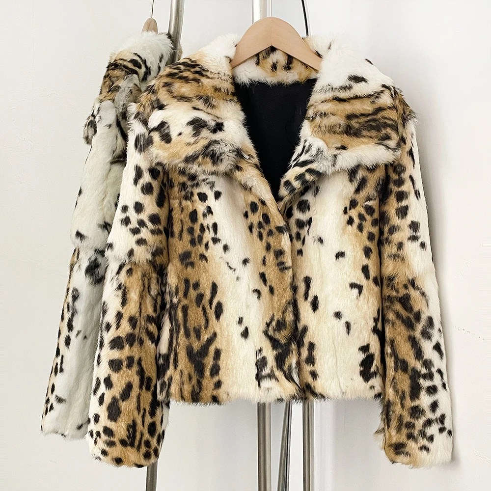 

New Leopard Fur Coat Fur Fluffy Luxury Fur Coat Women Winter Overcoat Real Rabbit Fur Jacket Natural Fur Collar Outerwear Short