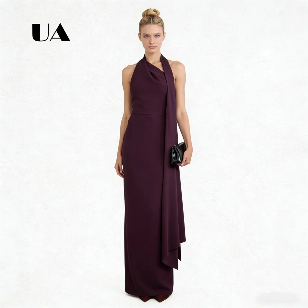 

Simple Sleeveless Crepe Prom Dress, Solid Scarf Collar Evening Dresses for Women, Classic Back Slit Customized Party Gown