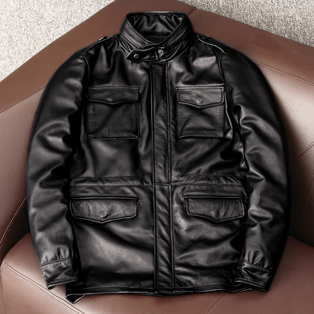 

Men's M65 Hunting Style Leather Jacket Pure Top Layer Cowhide Stand Collar Mid-Length Coat Warm Fashionable Business Casual