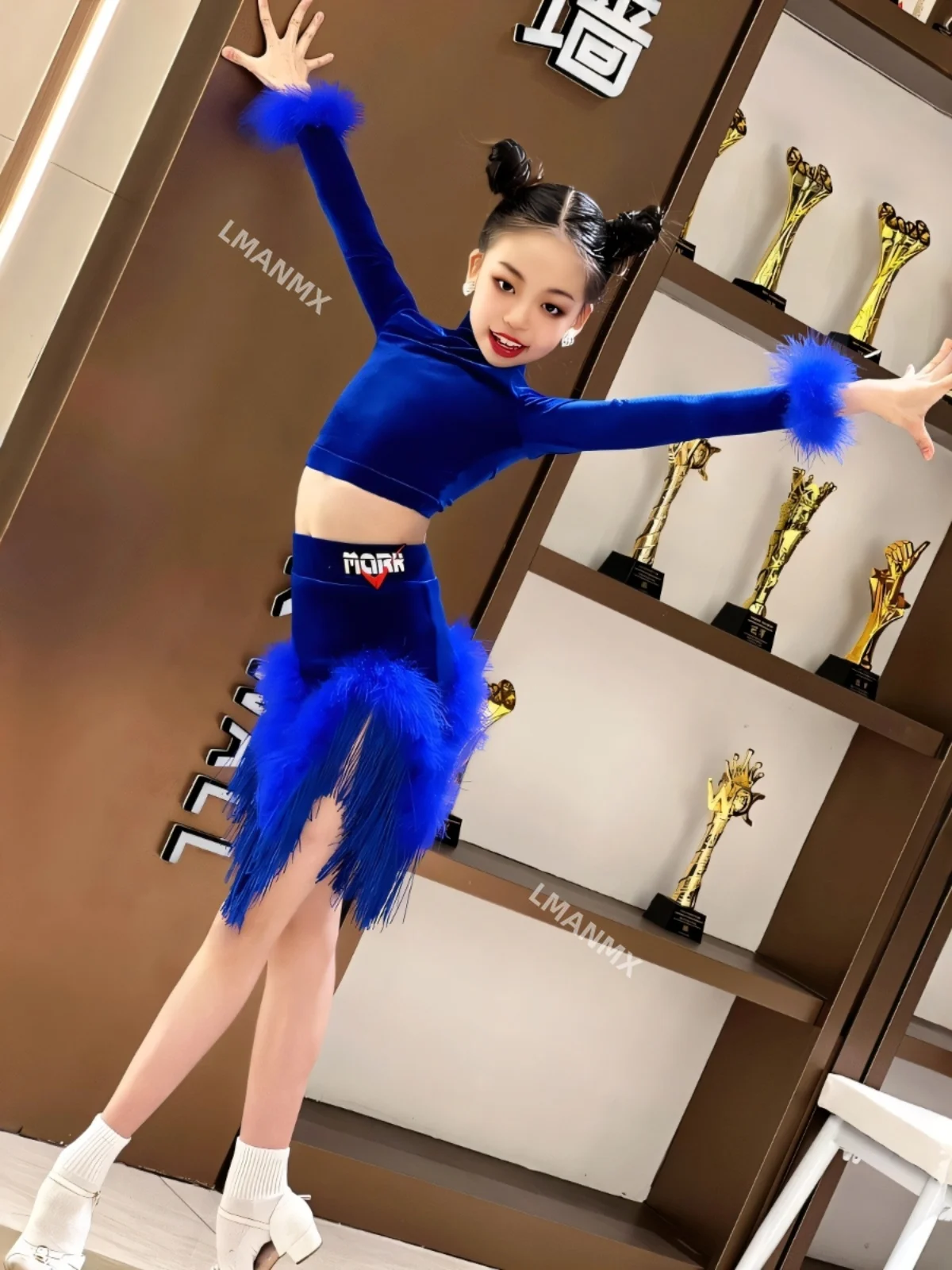 الخريف/الشتاء امتحان الفن اللاتيني الفتيات الراقية شعر طويل الأكمام شرابة تنورة أداء الرقص المهنية مجموعة الملابس #5