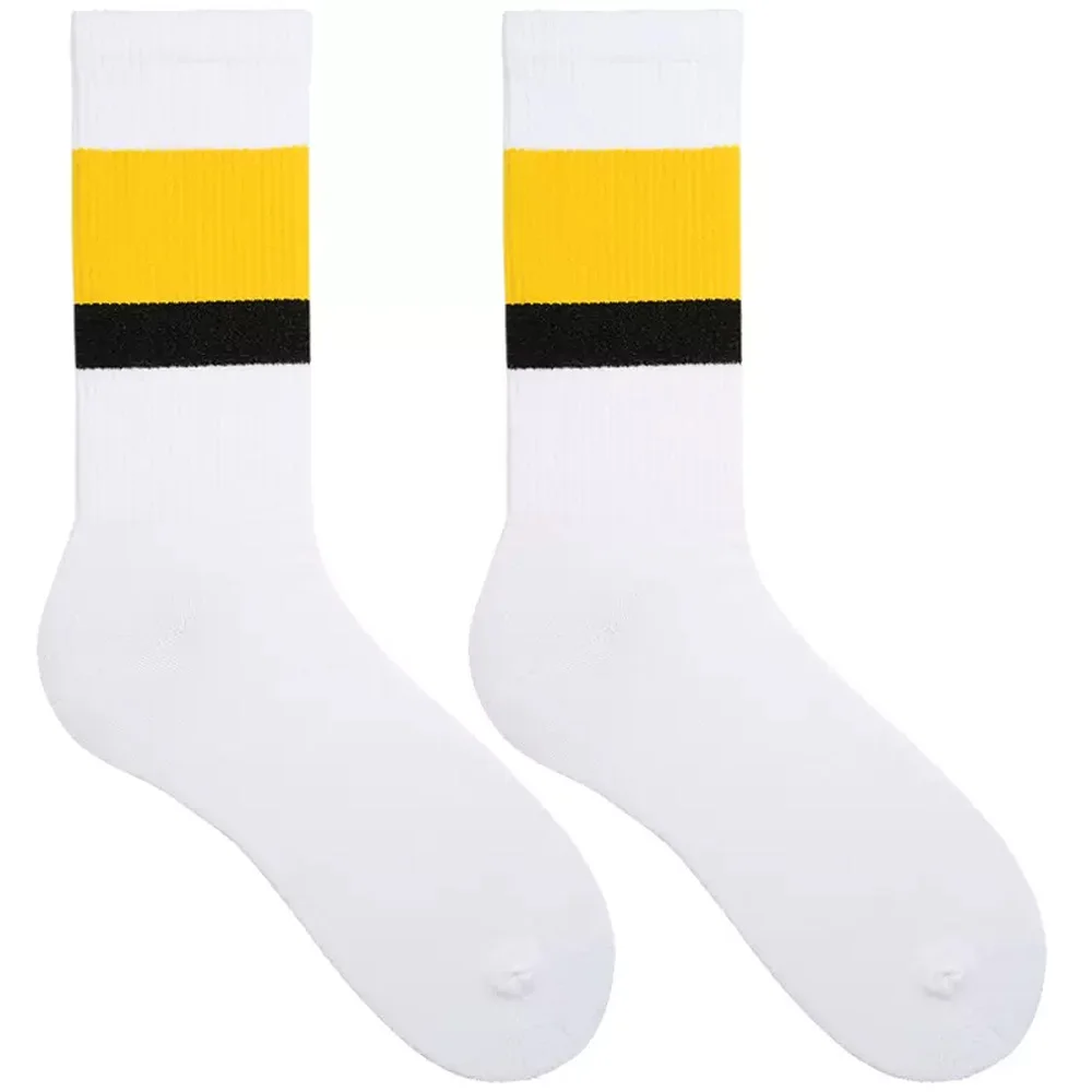 

Men's Xinjiang Cotton High Spring and Summer Four Seasons Yellow and Black Wide Stripes Thin Sports Lycra Cotton Socks