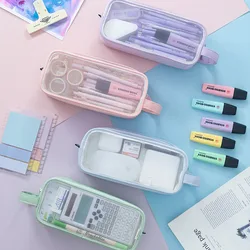 6 Colors Mesh Transparent Students Stationery Pencil Bag 2 Compartments Clear Makeup Bag Portable Travel Storage Pouch Pen Case