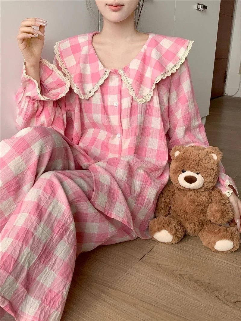 

Y2K Harajuku Spicy Girl Grid Sweet Pajama Set Spring and Autumn Women's Long Sleeve Sweet Cartoon Princess Style Home Clothes