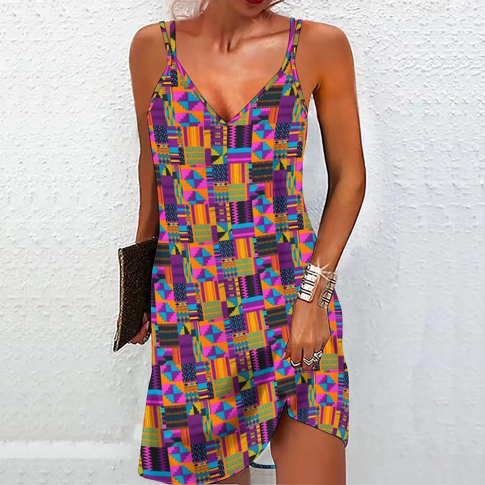 Women Spaghetti Strap Mini Dress Colorful Paint Splash Print Deep V Neck Side Slit Sleeveless Casual Summer Party Slip Dress