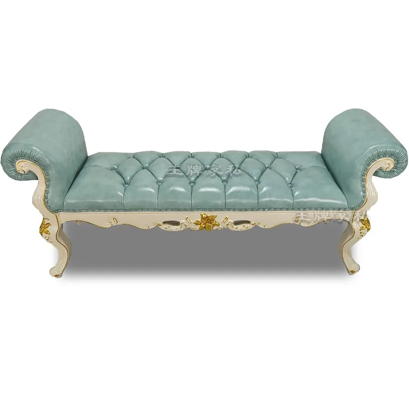 

Solid wood bedside stool Bedroom soft bag carved bed changing shoes leather ivory white bed stool small sofa bench