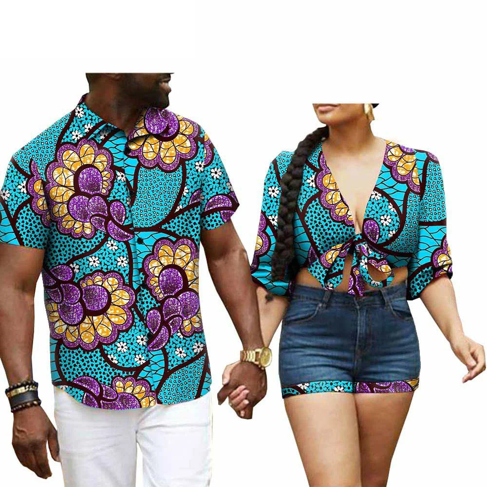 Sale! Fashion New African Print Crop Top for Women Couple Matching Clothes Men Outfits Dashiki Shirt Bazin Riche Lover Outwear