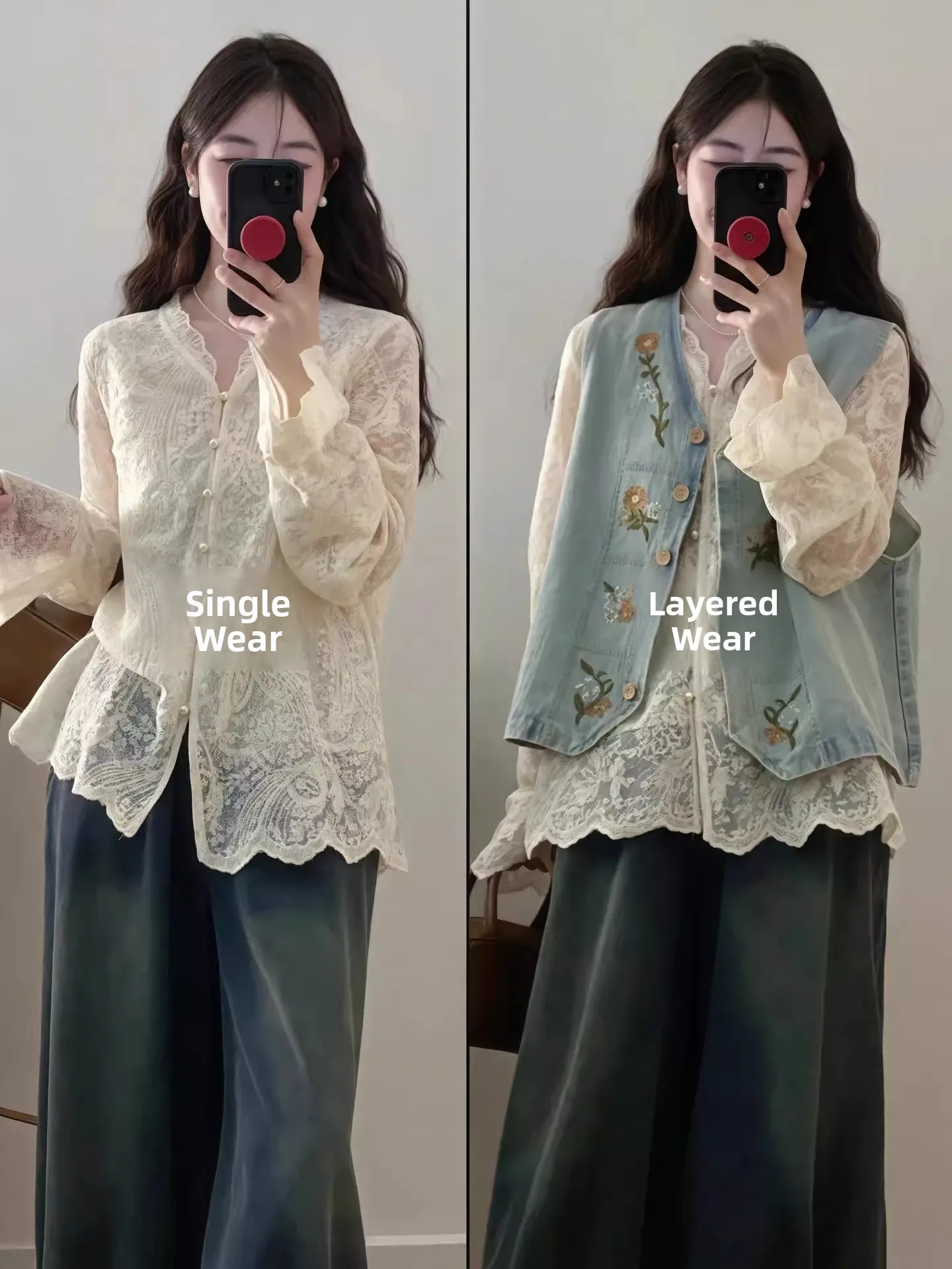 

Spring Vintage Embroidered irt Vest Jeans Tee-Piece Set plus Size Women's Faion Ensemble High Waist Loose Fit Long Sve