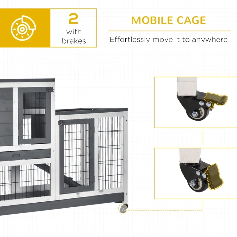 PINGGO Wooden Indoor Rabbit Hutch Guinea Pig House Bunny Small Animal Cage W/ Wheels Enclosed Run 110 X 50 X 88 cm, Grey