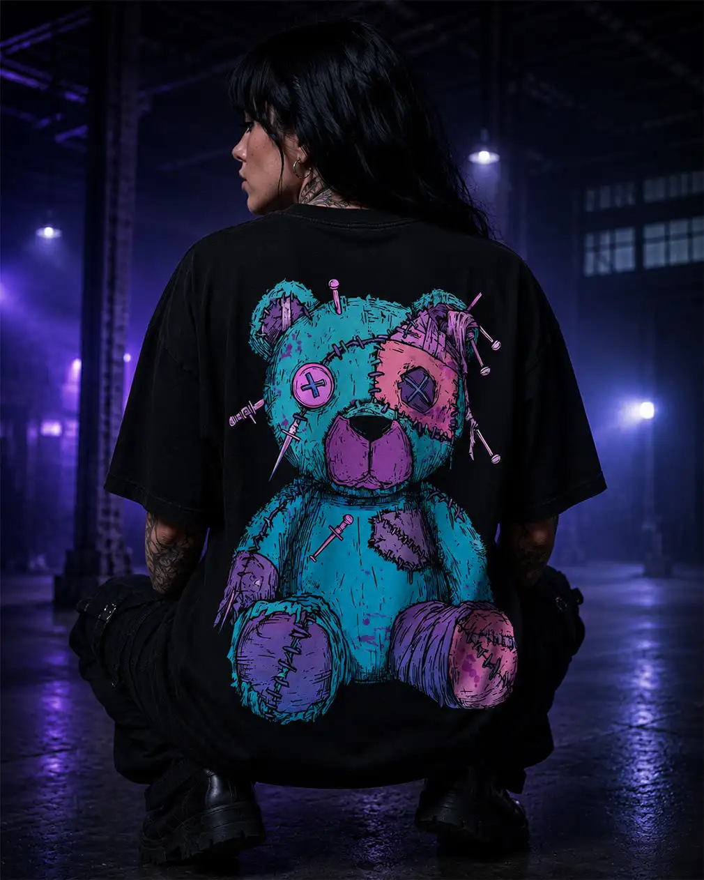 Men's Oversized Voodoo Bear Pattern T-shirt Embroidered Teddy Bear Gothic Punk Streetwear Loose Short Sleeved Casual T-shirt