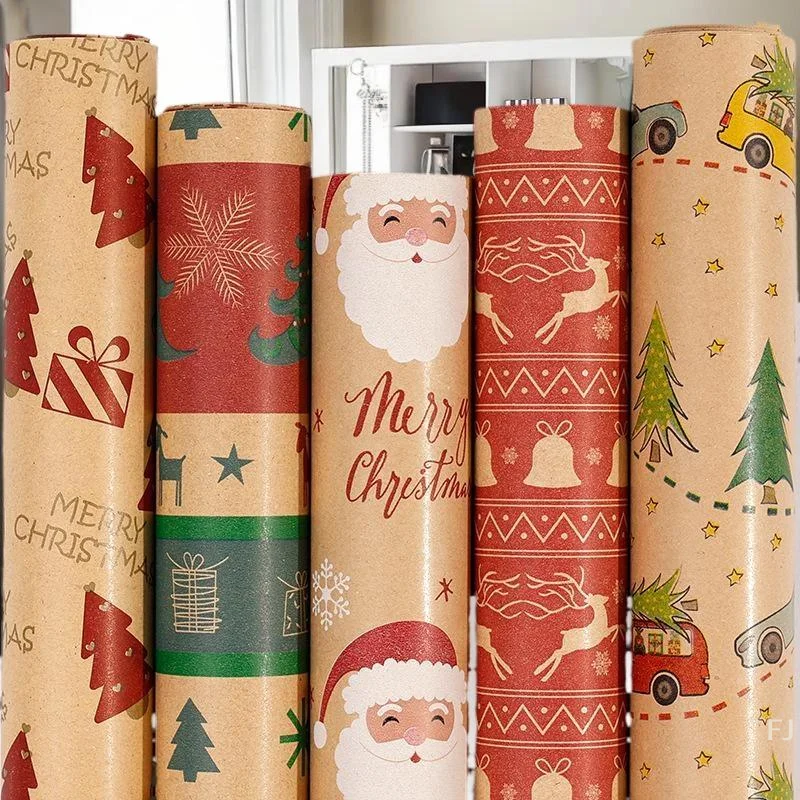 لفة ورق كرافت للعطلات بتصميم ندفة الثلج والشجرة، مثالية لتغليف الهدايا أثناء عيد الميلاد #3