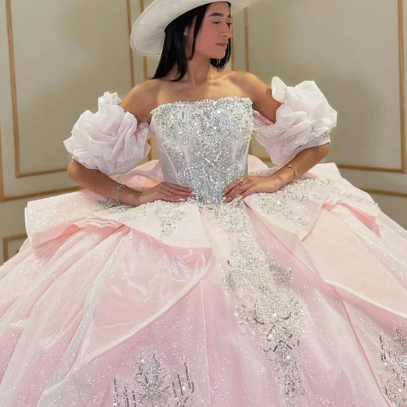

Customized Shiny Pink Quinceanera Dresses Off the Shoulder crystal applique beads Long tail Big Bow Vestido 15 Quinceanera