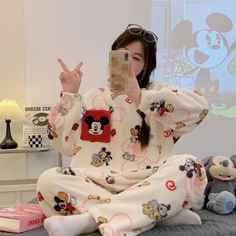 Women's Cartoon Warm Long Sleeved Pajamas Set Anime Autumn and Winter New Girls Kawaii Thickened Home Wear Fashion Two Piece Set