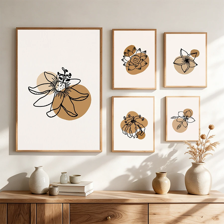 Botanical Wall Art Poster Set Minimalist One Line Art Flower Leaf Canvas Print Earth Tone Home Bedroom Living Room Wall Decor