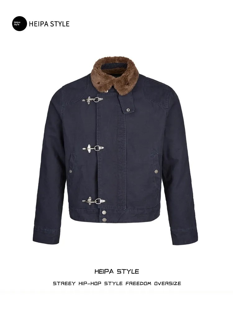 

American Vintage Thiened ort Cotton Jaet Men's High Street Detroit Plane Button Warm Fur Collar Winter Outerwear