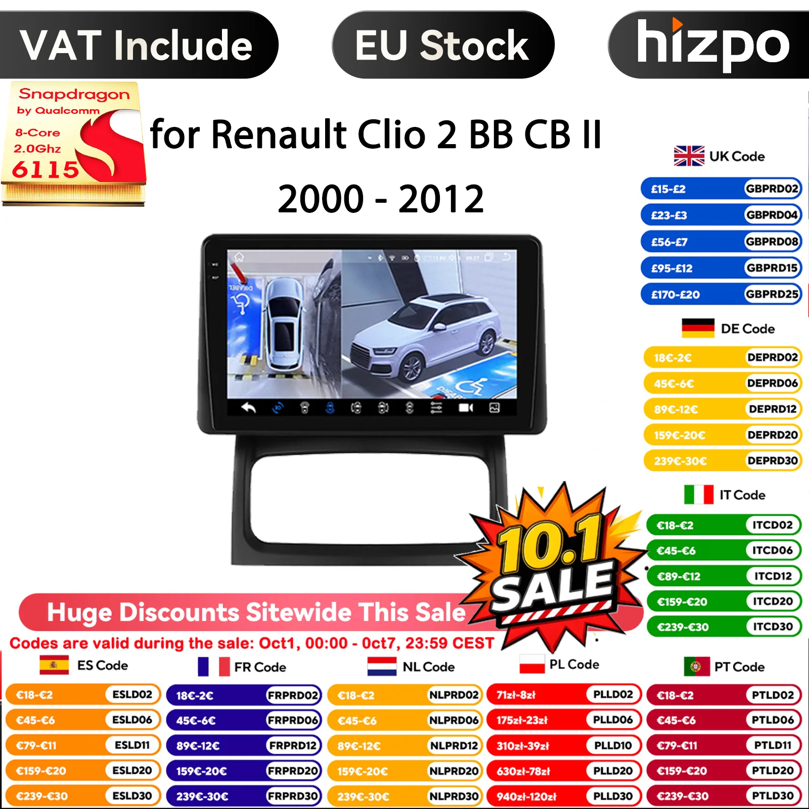 Hizpo Snapdragon Autoradio per Renault Clio 2 BB CB II 2000-2012 Lettore video multimediale WIFI Carplay Android Auto Stereo GPS 4G