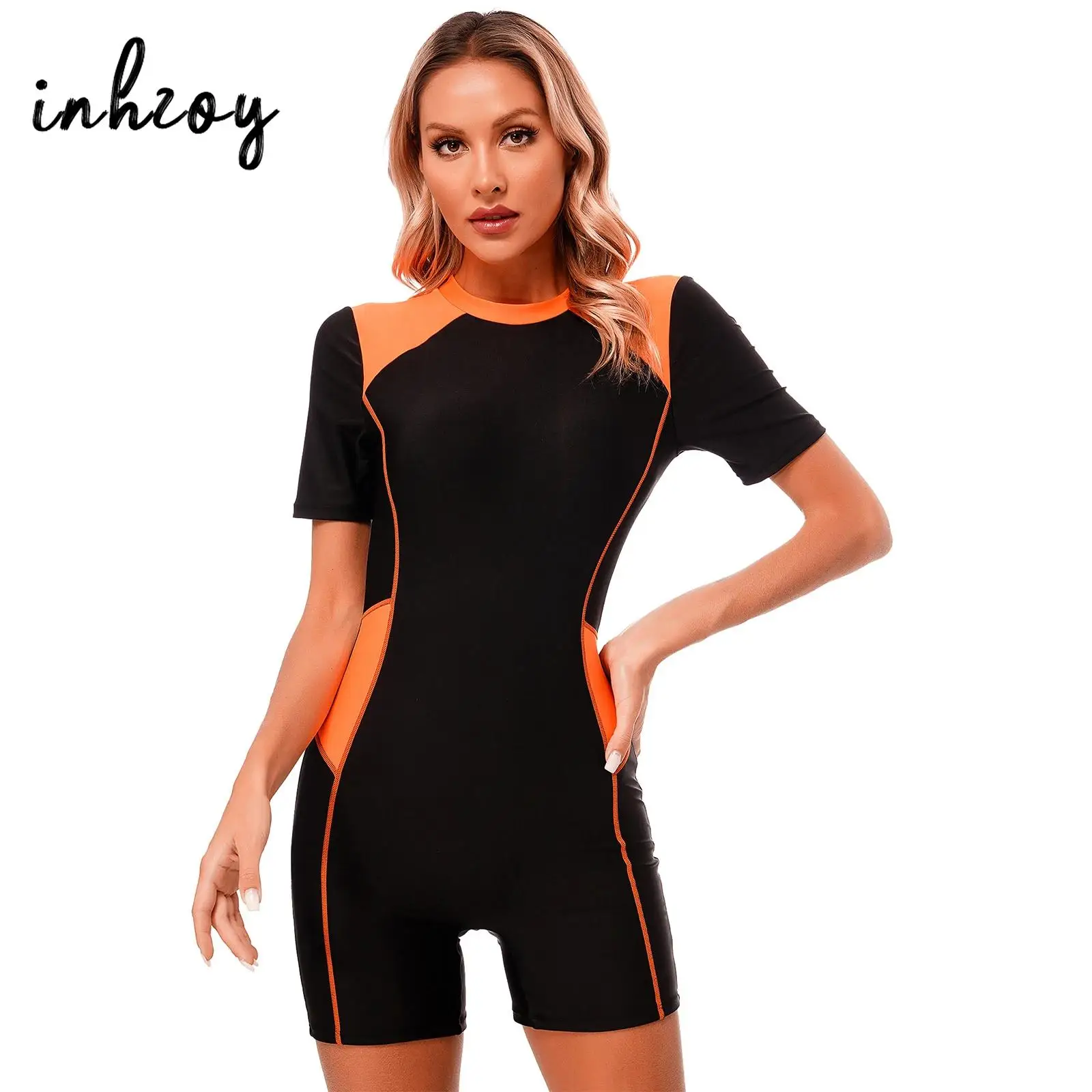 

Womens Shorty Wetsuit Surfing Diving Suit Boyleg One Piece Rash Guard Swimsuit Sun Protection Short Sleeve Padded Swimwear UPF50