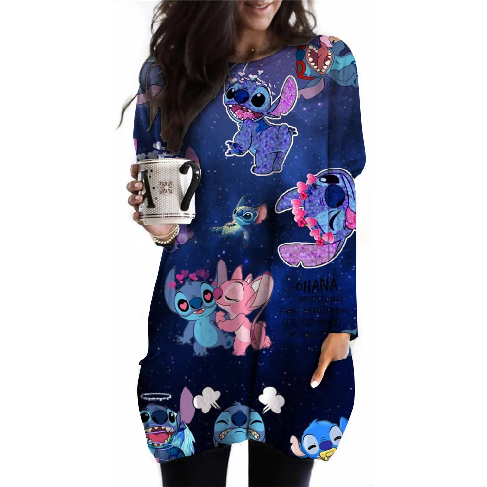 Spring Disney Lilo&Stitch Long Sleeve Round Neck T-shirt with Pocket Length T Women\'s Autumn Clothing Casual Loose Home