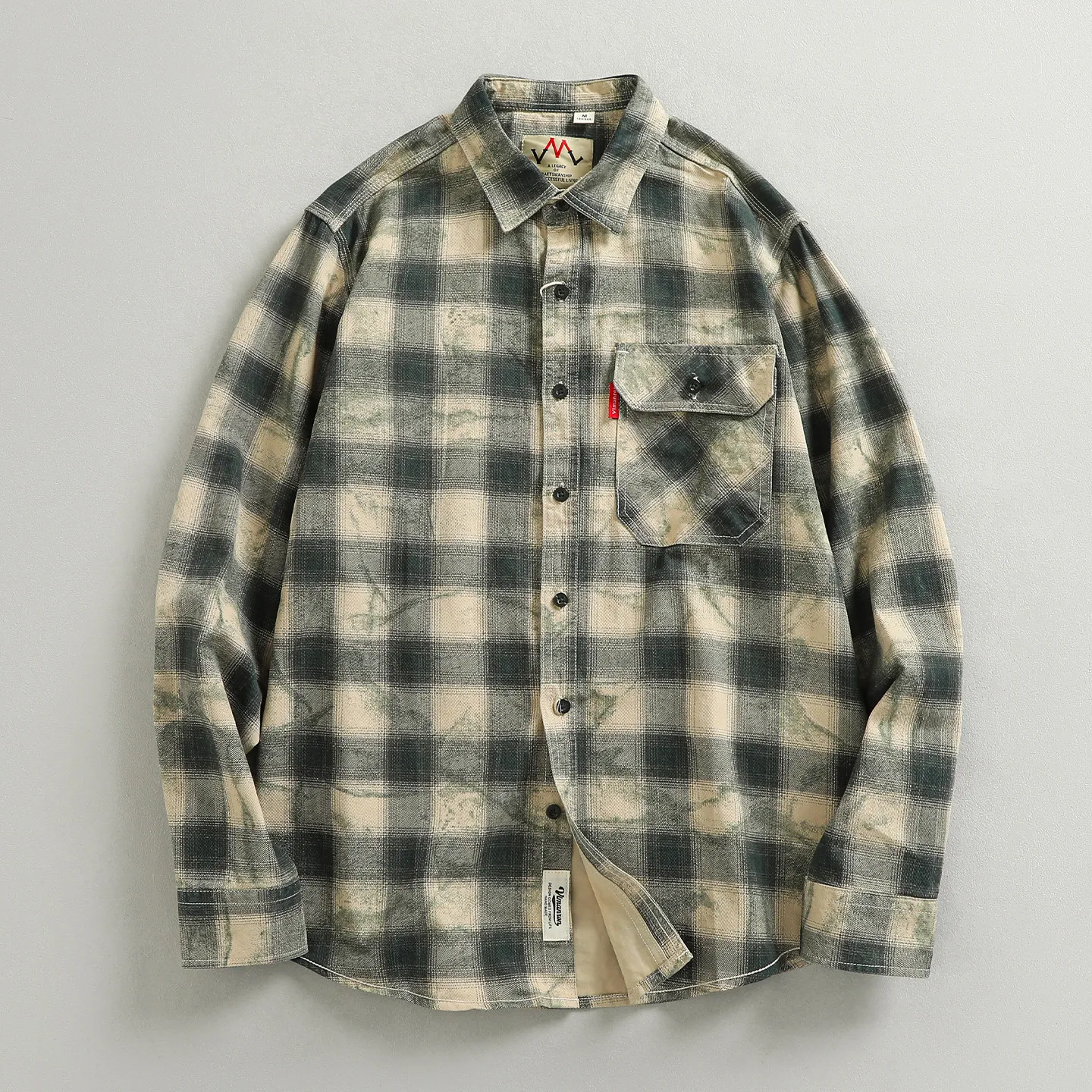 

100% cotton plaid retro trendy work shirt men's washed distressed spring and autumn shirt