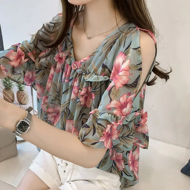 Fashion Off Shoulder Printed V-Neck Spliced Flare Sleeve Loose Chiffon Blouse Summer Casual Tops Oversized Commute Women\'s Shirt