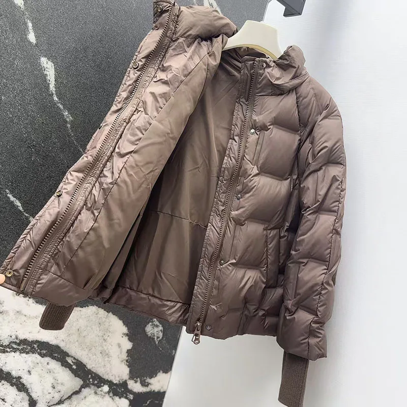 Damen-Daunenjacke mit Kapuze, stilvolle, lässige, vielseitige warme Jacke, hochwertiger Puffermantel mit weißer Entendaunenfüllung, 2025