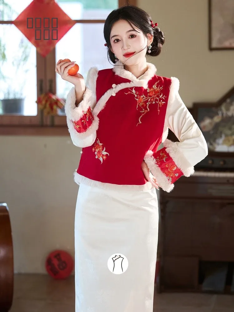 

Новый теплый зимний костюм для празднования Нового года: традиционный китайский наряд с длинными рукавами и длинными брюками