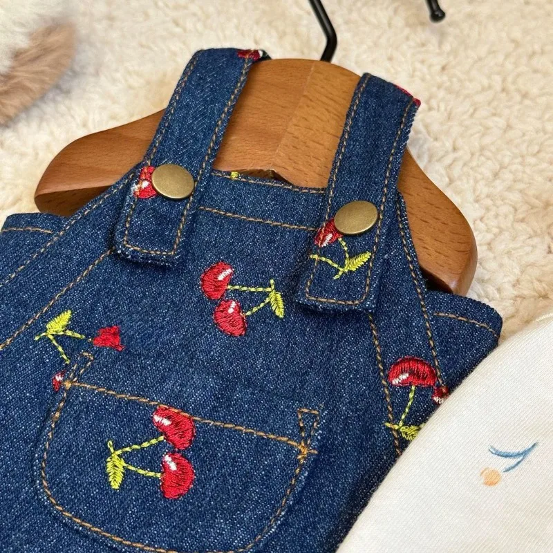 Four Seasons Pet Dog Clothes Cherry Denim Puppy Skirt Cat Dog Denim Suspender Dress Pumpkin Teddy For Small Dog Dresses