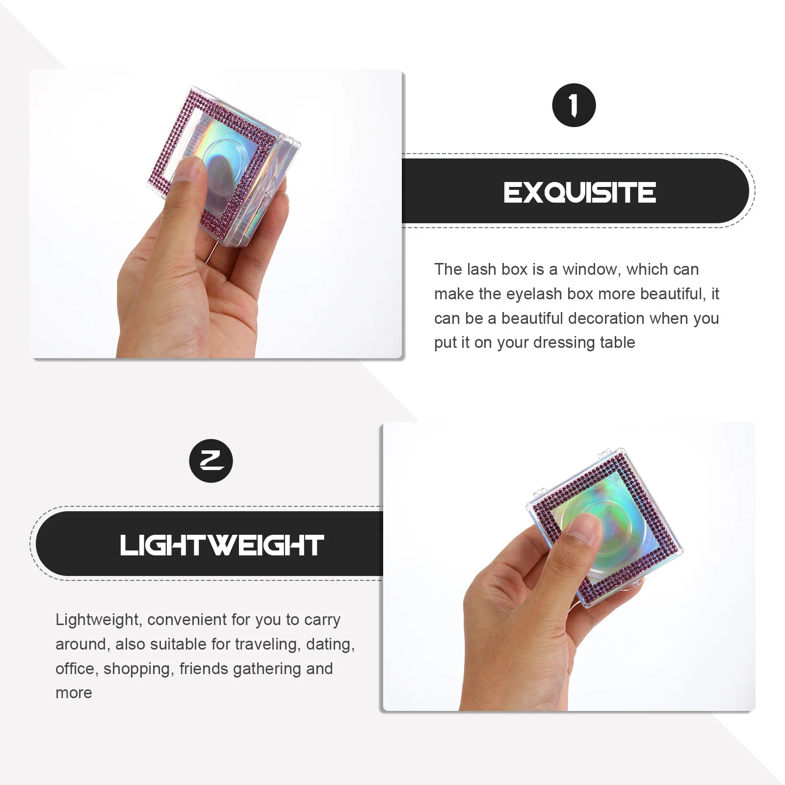 

2Pcs Lash Organizer Empty Eyelash Case Rhinestone False Eyelash Box Lash Tray Travel Makeup Storage Makeup Tool Case