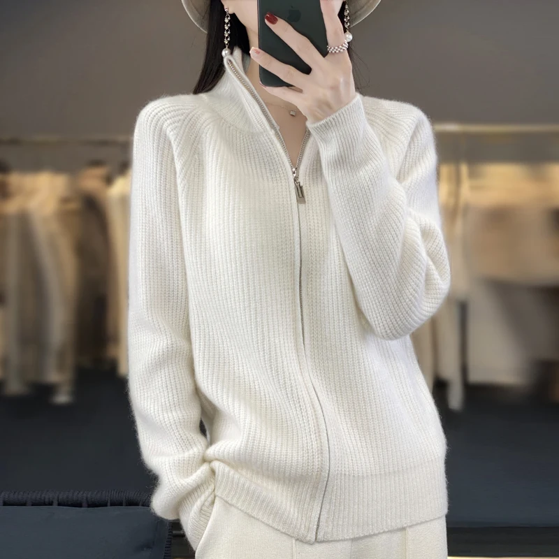 Zipper striped Fall/Winter new 100% Merino wool cashmere sweater Women's semi-turtleneck cardigan warm bottom knit shirt top