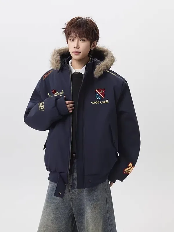 

American Sle Embroidered Bear Cotton Jaet Men's Winter Thi Warm Baseball Cotton Coat Loose Couple Cotton Padded Coat