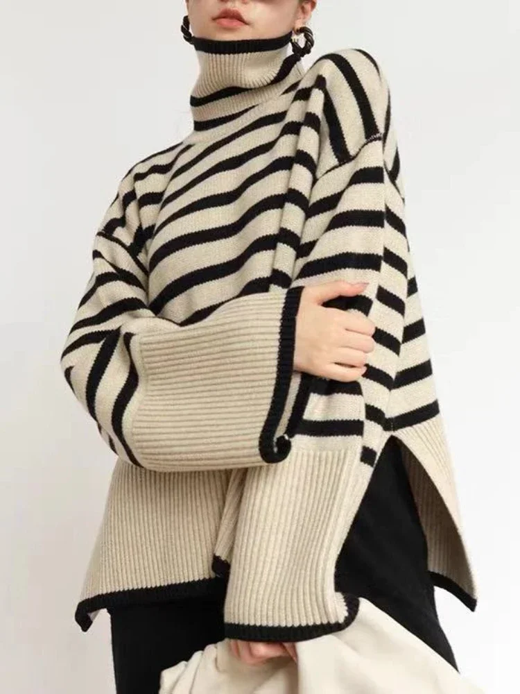 

Fashion Tops 2022 Women Striped High Collar Sweaters New Autumn Winter Loose Design Knitted Pullover Oversized Jumper Top Mujer