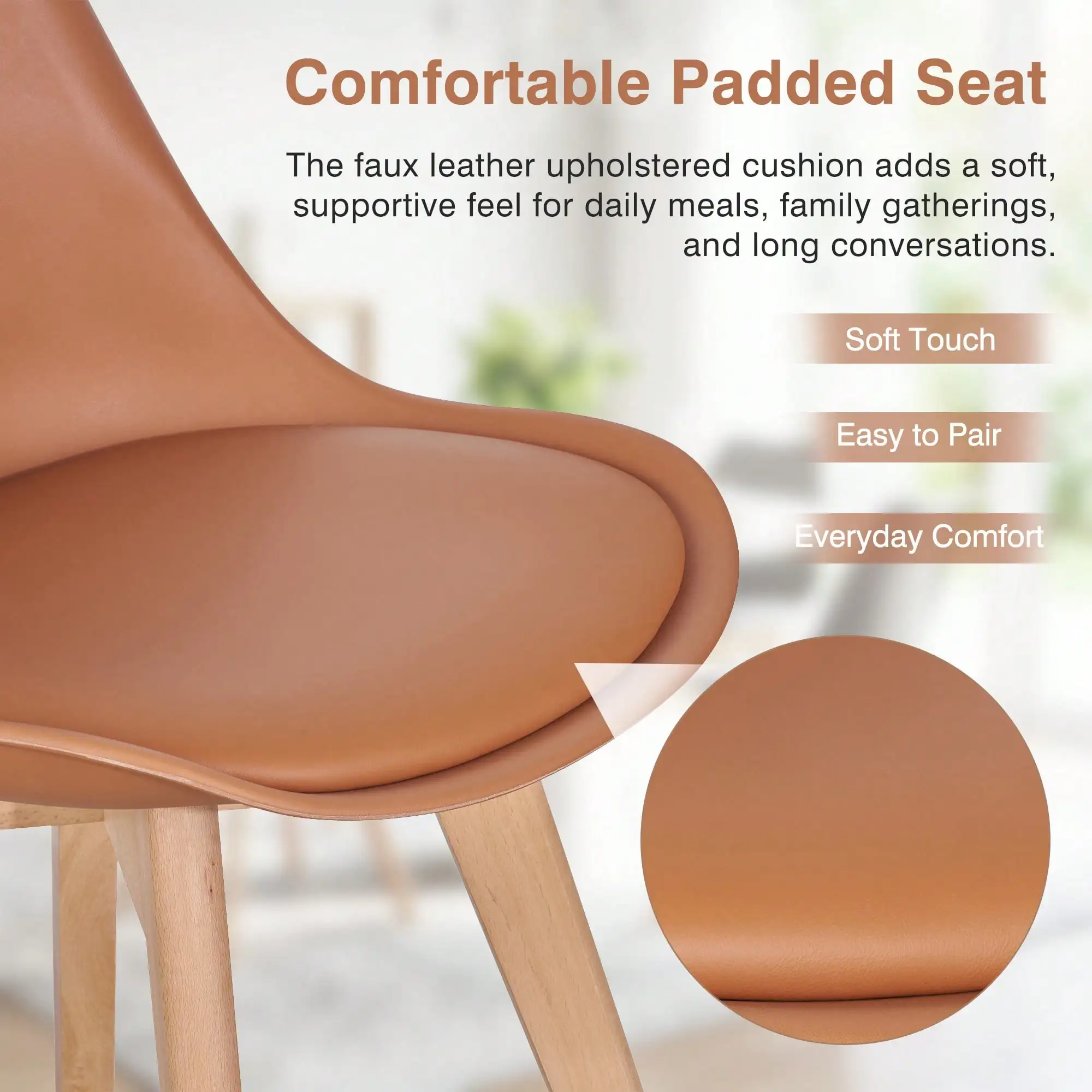 Dining Chair Set Of 4 With Wood Legs And PU Leather Cushion,Mid Century Modern DSW Chair, Shell Lounge Plastic Chair For Kitchen, Dining, Bedroom, Living Room Side ChairsDining Room Furniture