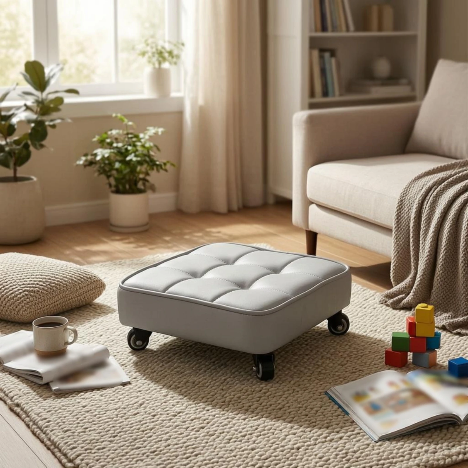 Swivel Caster Stool Low-Height Upholstered Square Stool Seating Furniture Rounded Edges Stitched