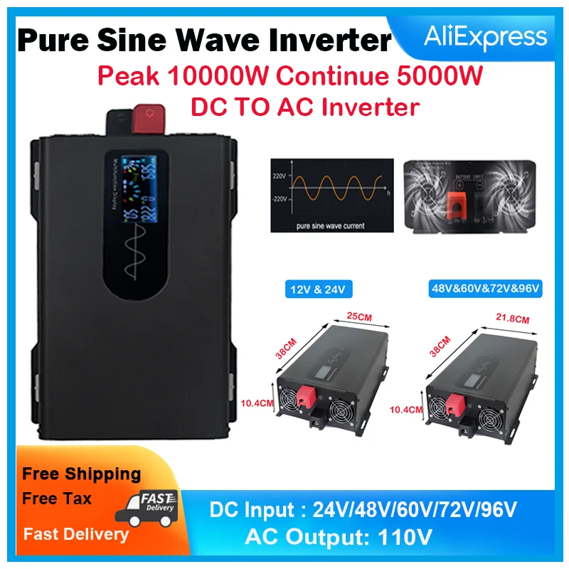 Peak Power 10000W, Continue Power 5000W, DC 24V 48V 60V 72V 96V To AC110V, 110V Portable Pure Sine Wave Inverter