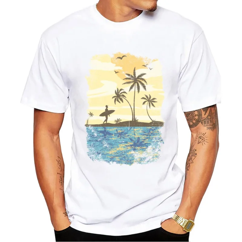 Casual tees hipster retro surfer men T-shirts boy vintage Sunset Beach surf print short sleeve T-shirt sport tops