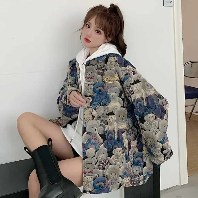 2025 Vintage Bear Print Shirts Jacket Women Spring Autumn New Long Sleeve Blouse Korean Style Loose Button Down Shirt for Woman