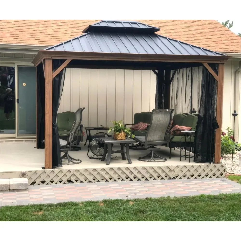 10' X 12' Outdoor Hardtop Gazebo for Patio Galvanized Steel Double Roof Permanent Canopy Teak Finish Coated Aluminum Frame