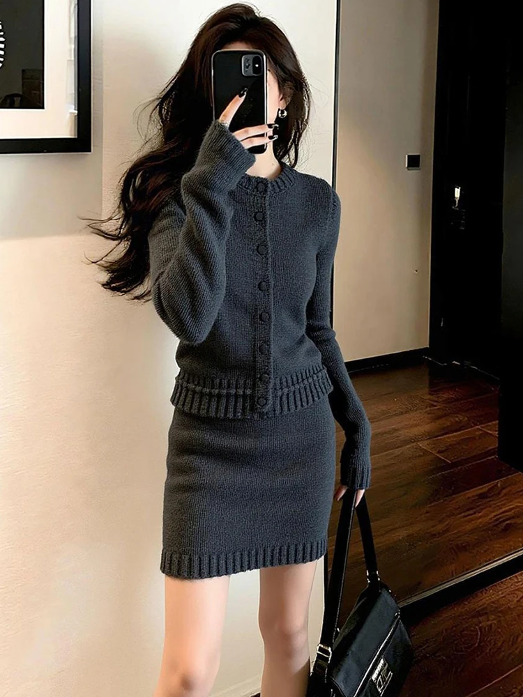 

Fashionable Casual Knitted Two-Piece Set for Women Spring 2026 Grey Long Sleeve Open Cardigan Short Skirt High Waist Wide Leg...