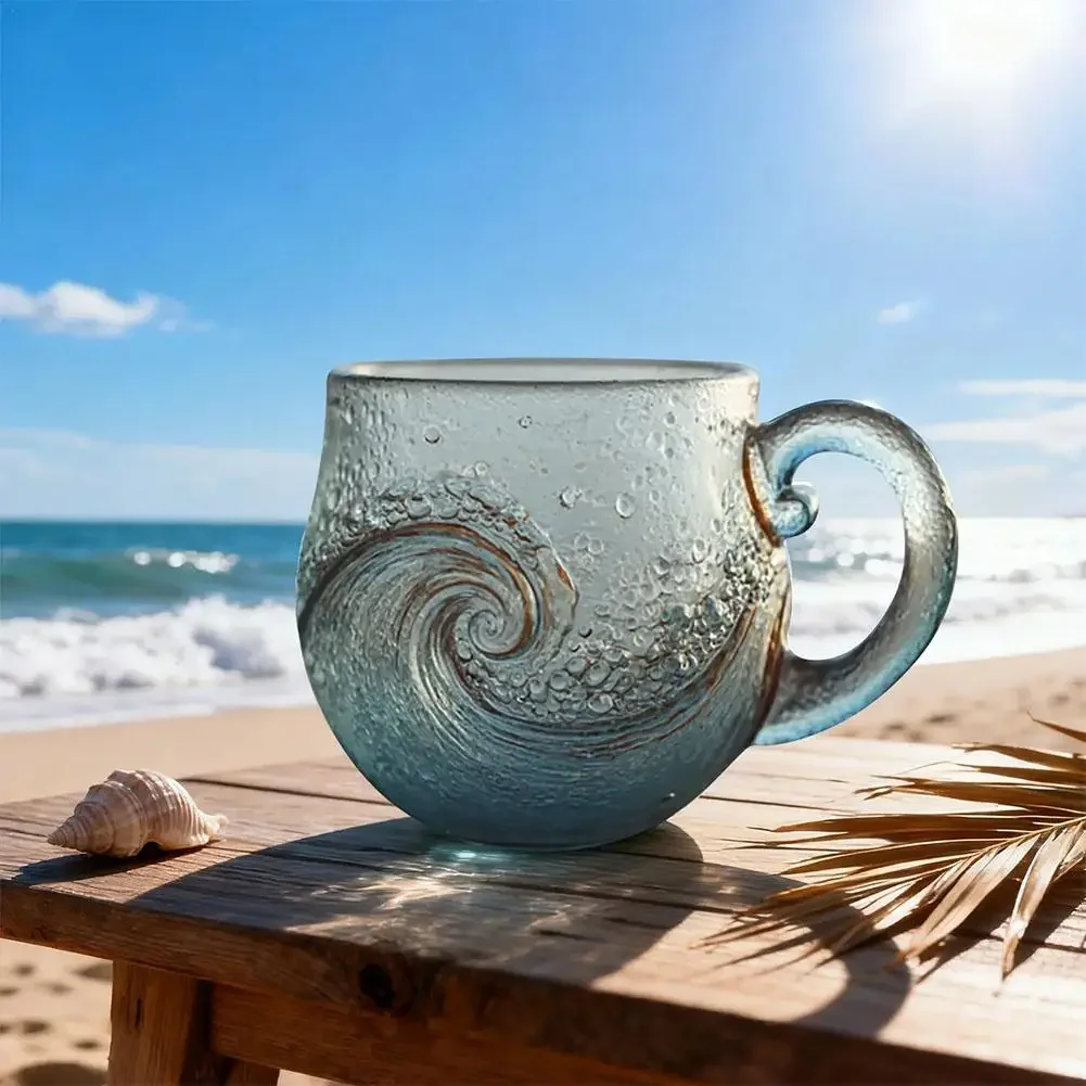 Beach Mug Sea Glass Wave Cup Unique Ocean Themed Coffee Cup Sea Theme Water Tea Cup Coffee Glass Mug for Workplace Travel Bar
