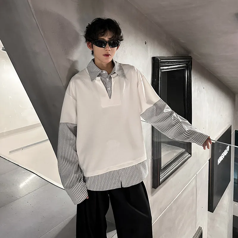 

Spring 2026 Men's Casual Loose Long Sve Sweatirt Apparels Faion Urban Sle Polyester Fabric Stripe Patterned Two-Piec...