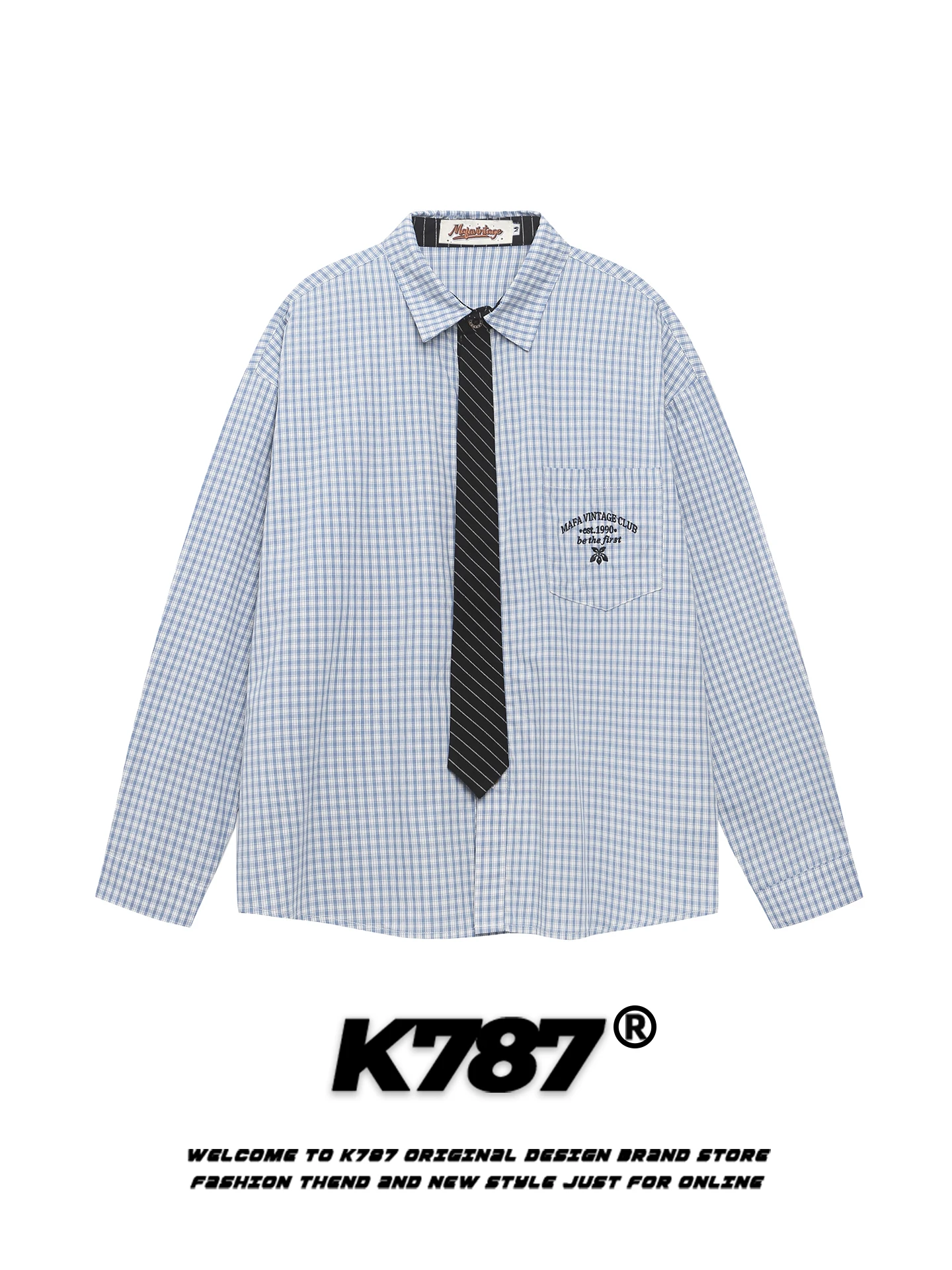 

K787 American Sle Casual Plaid Embroidered Long Sve irt Loose Fit Cotton Youth Faion College Sle Couple irt