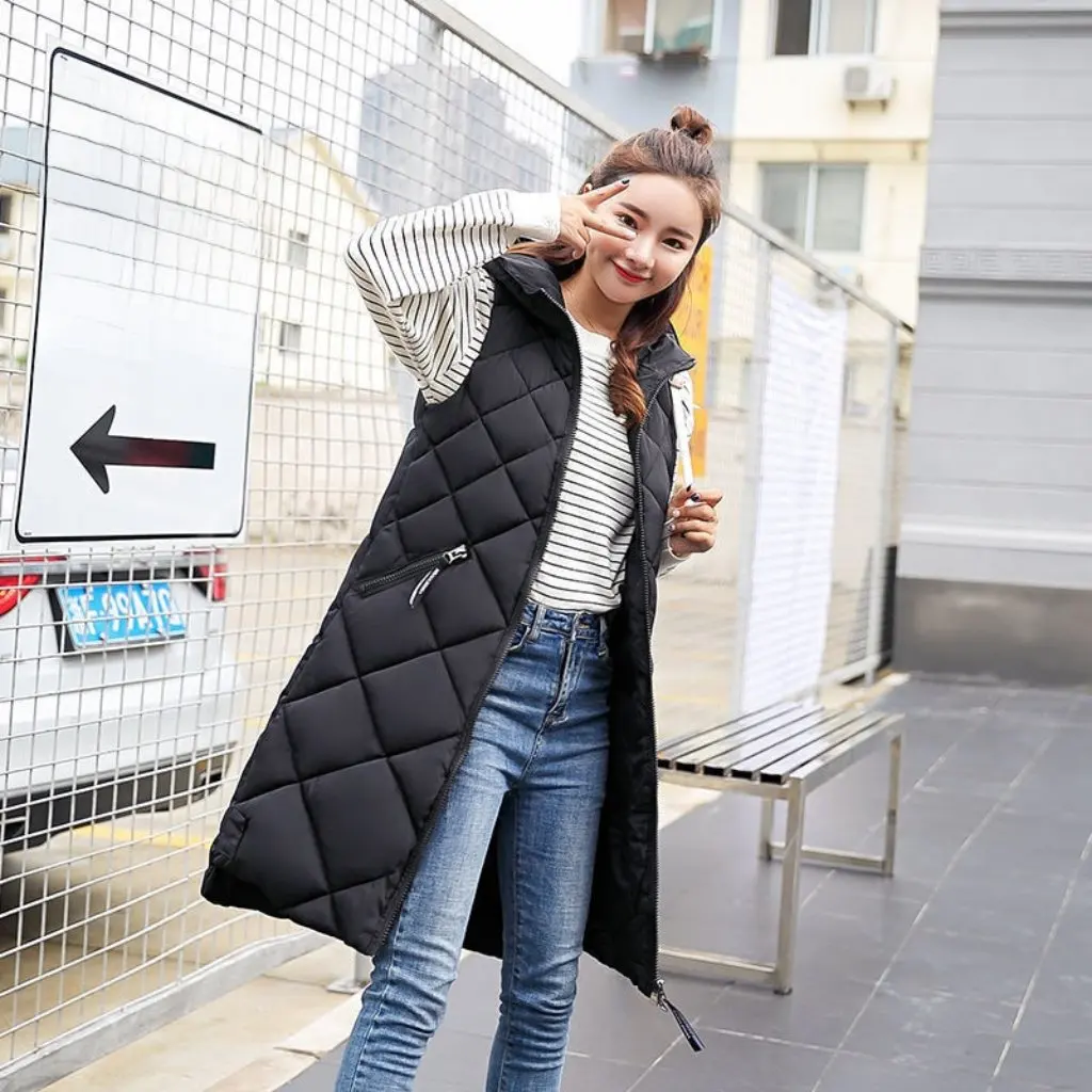 

Женский пуховый хлопковый жилет с капюшоном, теплый жилет без рукавов, длинный осенне-зимний модный женский жилет, оптовая продажа